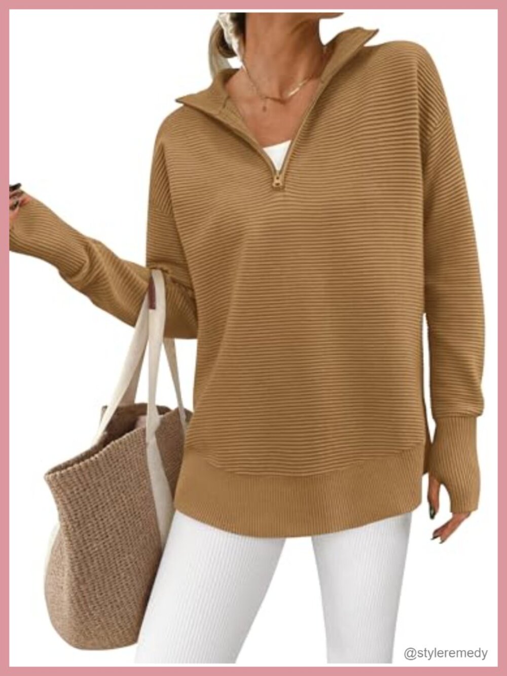 Quarter Zip Pullover Sweater Women Long Sleeve V-Neck Ribbed Knit Thumb Hole